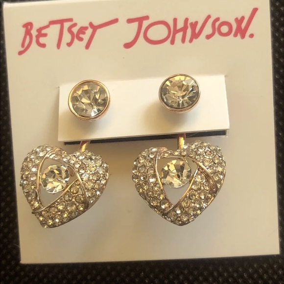 Betsey Johnson Rose Gold Tone Heart Front Back Crystal Encrusted Drop Earrings - Picture 4 of 10